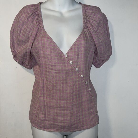 MADEWELL Linen-Blend Puff-Sleeve Button-Wrap Top in Lavender Plaid-S - Picture 2 of 9